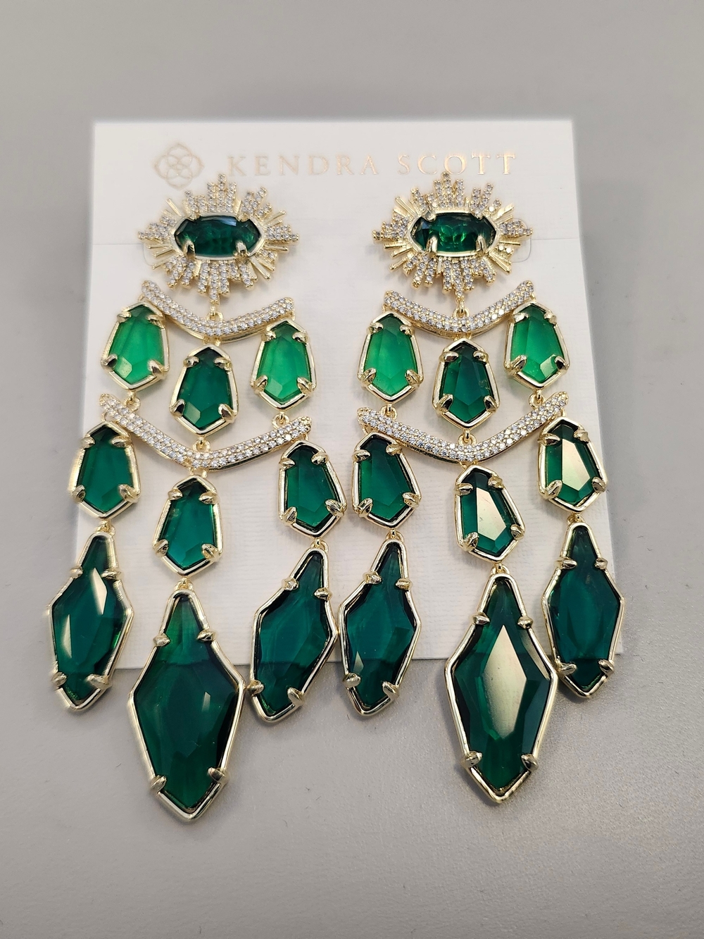 NWT Kendra Scott Gold-Tone Green Alexandria Tier Chandelier Earrings